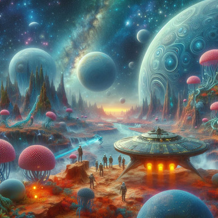 Fantasy landscape with alien planet and flying saucer, 3d illustrationの素材