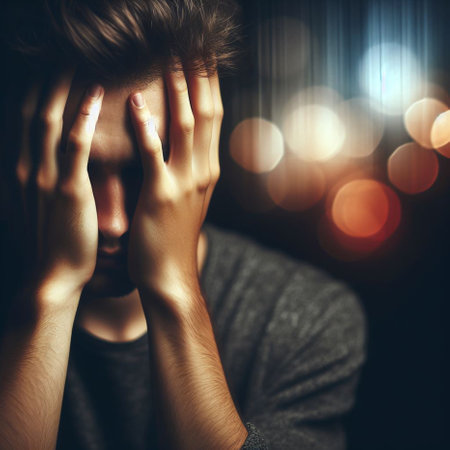 Portrait of a sad young man covering his face with his handsの素材