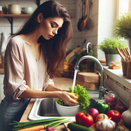 Beautiful young woman is washing vegetables in the kitchen. Housewife is preparing food.の素材