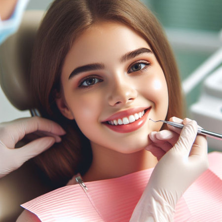 Beautiful young woman at the dentist. Healthy teeth. Dentistry.の素材