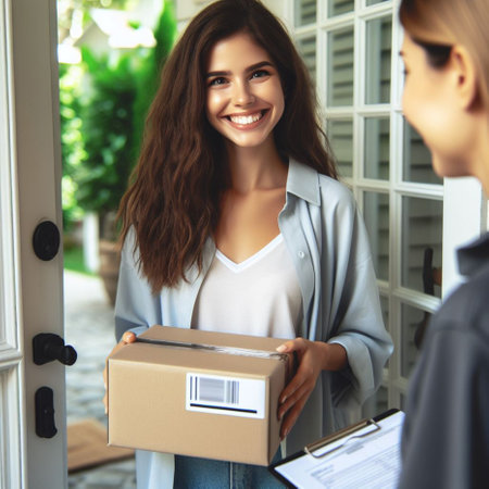 Smiling young woman receiving parcel from courier at door. Delivery service concept.の素材