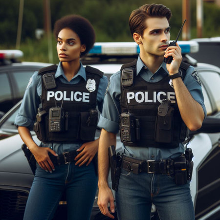 Portrait of two female police officers standing by the car with guns.の素材