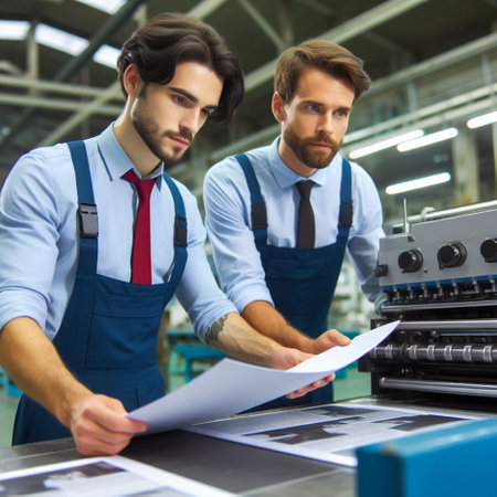 Two male workers working together in a printing factory. They are looking at documents and smiling.の素材