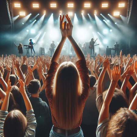 Crowd cheering at a concert with hands raised in the air.の素材
