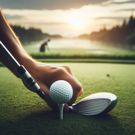 Golf player holding golf club and ball on green course at beautiful sunsetの素材