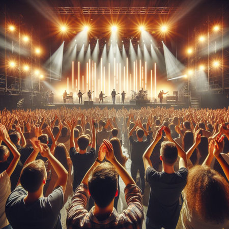 Concert crowd in front of a bright stage with lights and smokeの素材