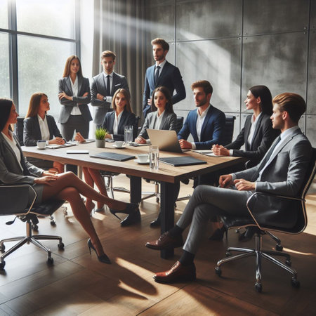 Group of business people sitting at table in conference room and communicating.の素材