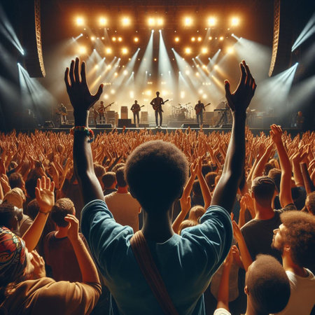 Rear view of a group of people with raised hands at a concertの素材