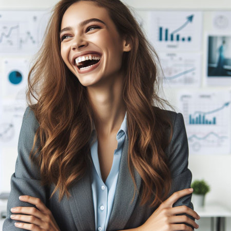 Cheerful young businesswoman smiling and looking at camera in officeの素材