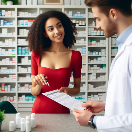 Young african american female pharmacist in red dress working with male customer in drugstoreの素材