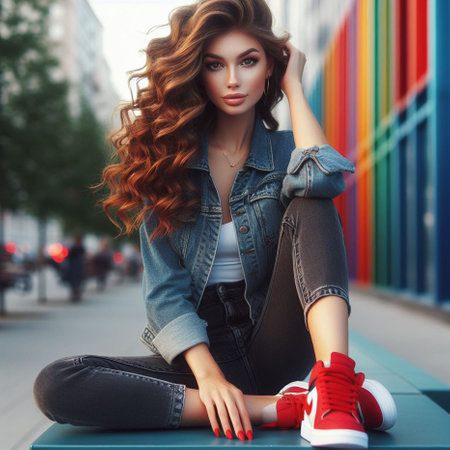 fashion outdoor photo of beautiful sensual woman with long curly hair in casual clothes posing in the cityの素材