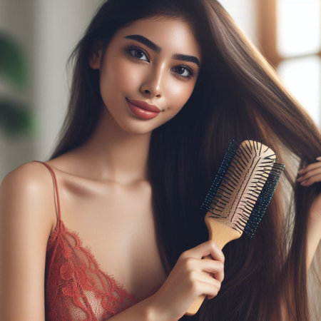 Beautiful young woman with long straight hair and comb in her handの素材