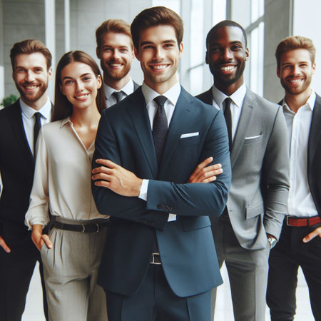 Group of smiling business people standing in office. Business team concept.の素材