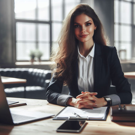 Beautiful businesswoman sitting at the table in office. Business woman.の素材