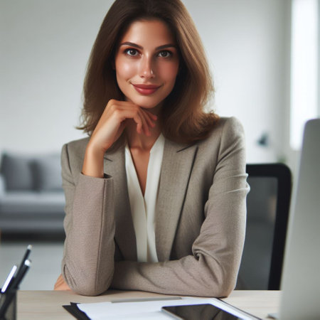 Portrait of a beautiful businesswoman sitting at her desk in office.の素材