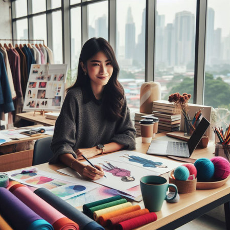 Beautiful asian fashion designer working at her desk in the studioの素材