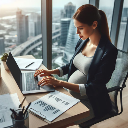 Pregnant businesswoman working with laptop and documents in modern officeの素材