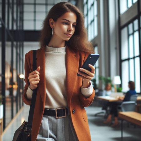 Portrait of a beautiful young woman in a beige coat standing in a cafe and using a smartphone.の素材