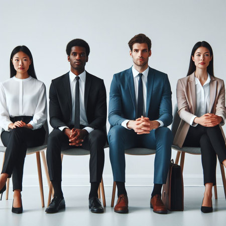 Group of business people sitting on chairs and waiting for job interview.の素材