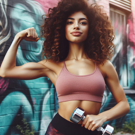 young sporty woman with curly hair doing exercises with dumbbells, urban styleの素材