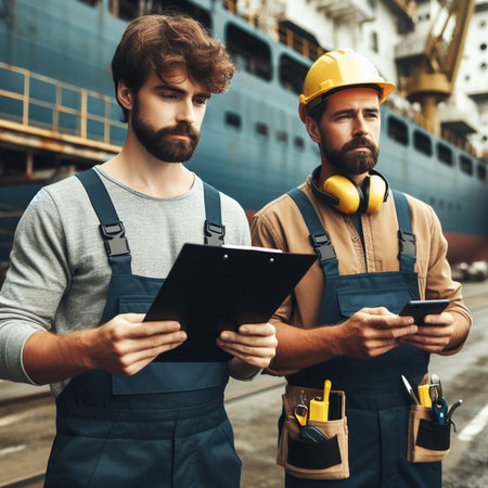 Portrait of two workmen in uniform with clipboard and mobile phone standing near cargo ship.の素材