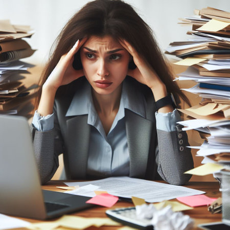 stressed businesswoman sitting at office desk with piles of papers and laptopの素材