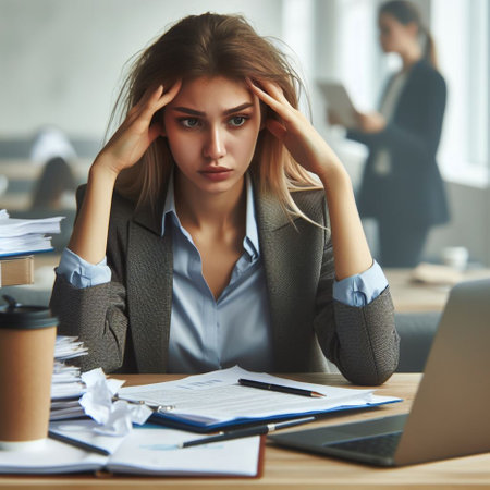 Stressed businesswoman sitting at the desk with laptop and documents.の素材