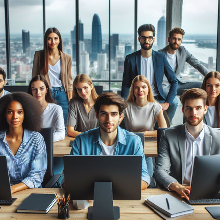 Group of young business people in smart casual wear working together in modern office.の素材