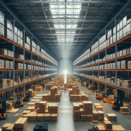 Warehouse interior with shelves and boxes. 3d rendering toned imageの素材