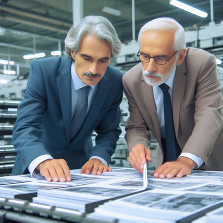 business, technology and people concept - close up of two senior businessmen with papers in officeの素材