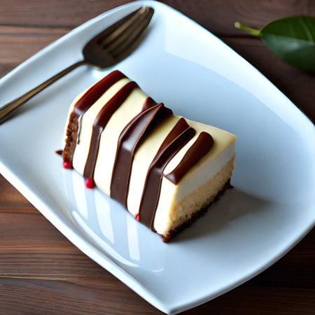 Delicious cheesecake with chocolate glaze on wooden table, closeupの素材