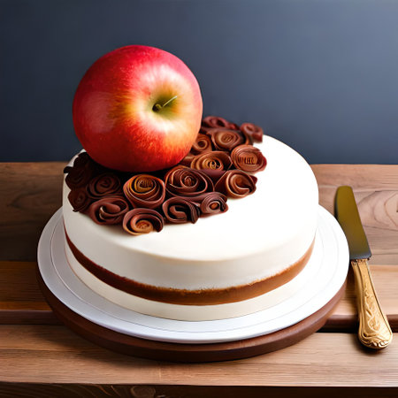 Chocolate cake decorated with roses and apple on a wooden table.の素材