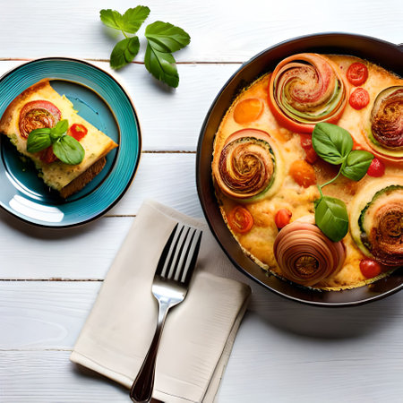 baked vegetable casserole on a white wooden background. tinting. selective focusの素材
