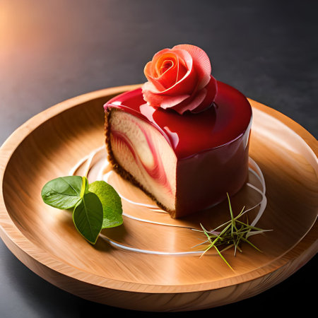 Delicious red velvet cake with rose on wooden plate on black backgroundの素材