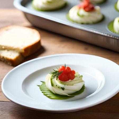 canape with cucumber and red caviar on a white plateの素材