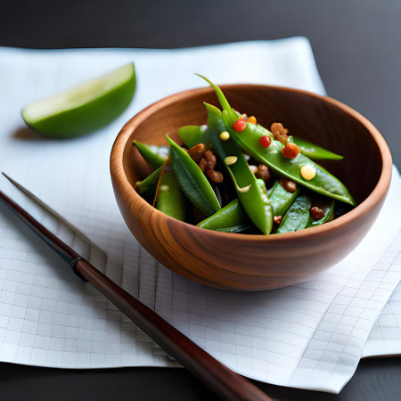 green pea salad with soy sauce and walnuts in wooden bowlの素材