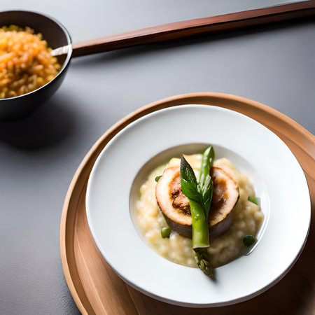 Risotto with asparagus and cheese on a wooden plateの素材