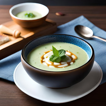 Spinach soup with cream in a bowl on a wooden tableの素材