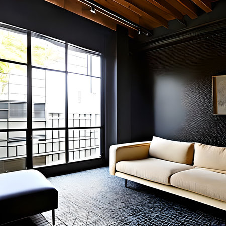 interior of modern house, living room with sofa and black wallの素材