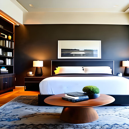 Luxury hotel bedroom with black wall and wooden floor. 3d renderingの素材