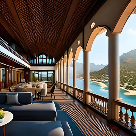 Interior of a hotel with terrace and sea view. 3d renderの素材
