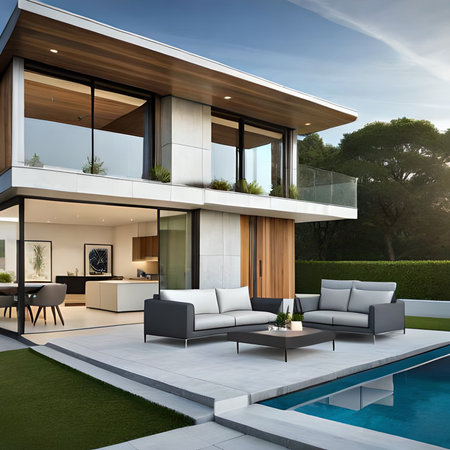 3d rendering of modern cozy house with pool and parking for sale or rentの素材