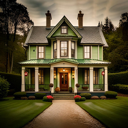3D render of a beautiful house in the woods with a green lawnの素材