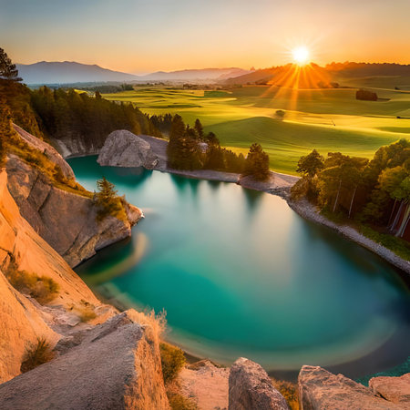 Beautiful sunrise over turquoise colored lake in Tuscany, Italyの素材