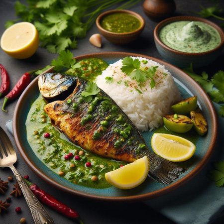 Grilled mackerel with rice and green sauce, selective focusの素材