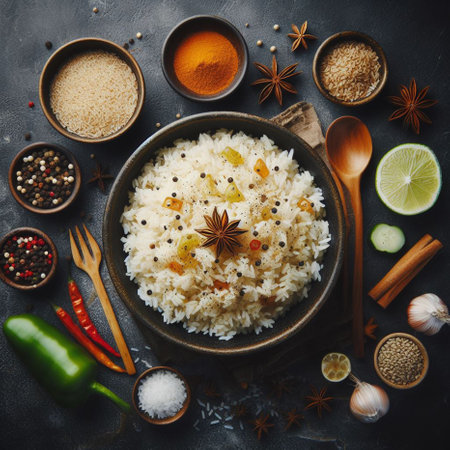 Bowl of rice with spices and herbs on dark background, top viewの素材
