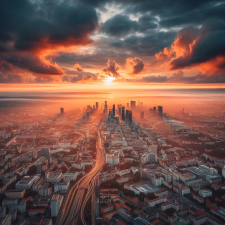 Aerial view of Frankfurt am Main skyline at sunset, Germany.の素材