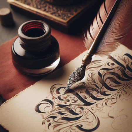 Feather pen and inkwell on old paper. Retro style.の素材