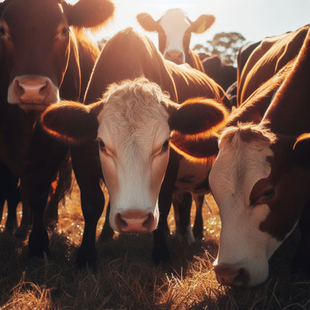Herd of cows in the paddock in the morning light.の素材