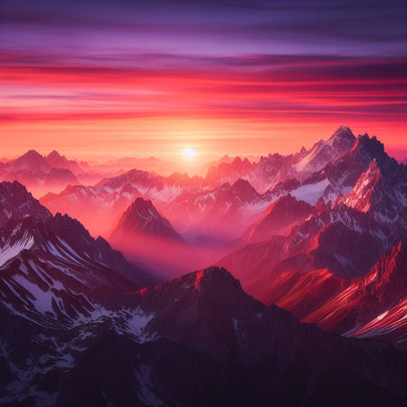 Beautiful sunset in the mountains. Sunrise in the mountains. Mountain landscape.の素材